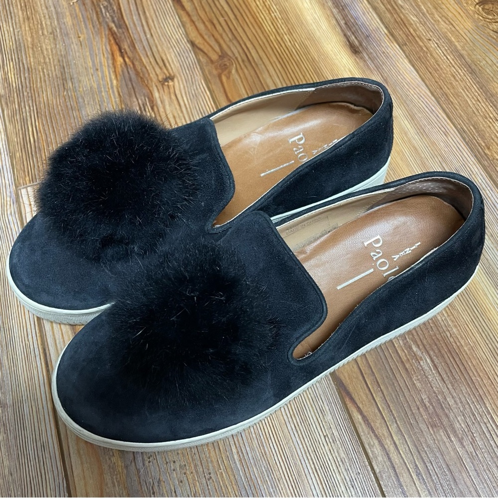 Linea Paolo Sammy Black Suede and Fur Sneakers Size 5.5
